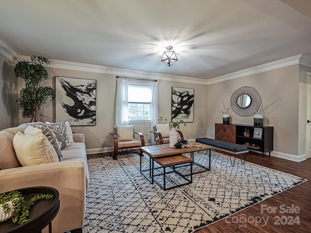 living room with hardwood / wood-style floors and crown molding