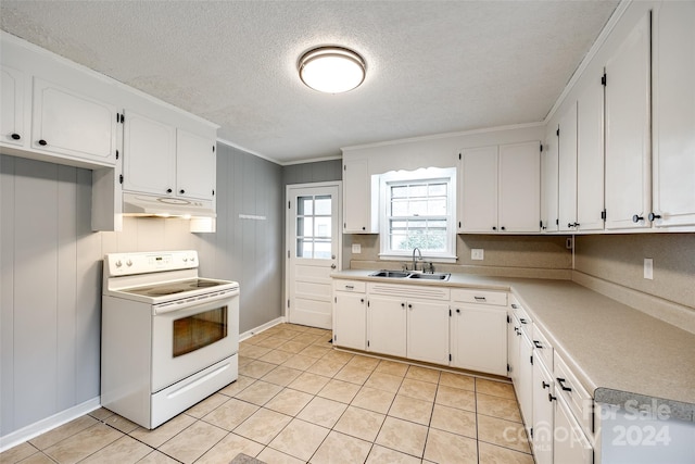 kitchen with white cabinets, sink, crown molding, and electric range