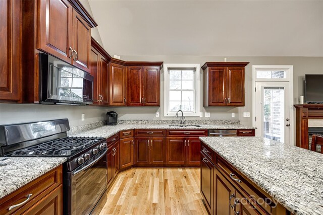 kitchen featuring light wood-type flooring, stainless steel appliances, sink, and a wealth of natural light