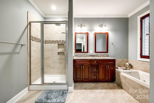 bathroom with vanity, shower with separate bathtub, tile patterned flooring, and ornamental molding