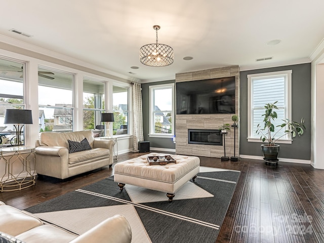 living room with a fireplace, plenty of natural light, dark hardwood / wood-style flooring, and crown molding