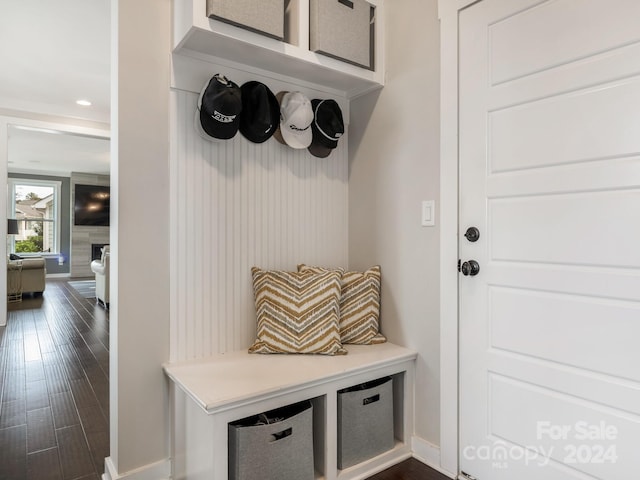 mudroom featuring a fireplace and dark hardwood / wood-style floors