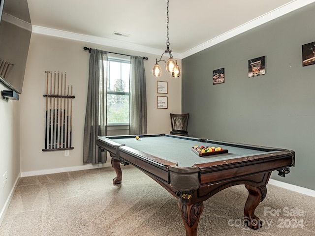 rec room featuring billiards, crown molding, and carpet