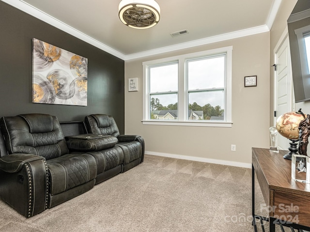 home theater room featuring carpet flooring and crown molding