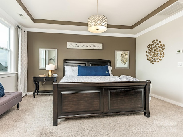 carpeted bedroom featuring a tray ceiling and ornamental molding