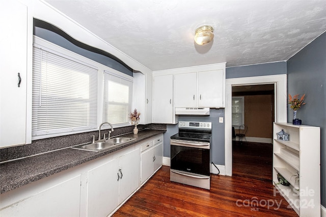 kitchen featuring white cabinetry, a textured ceiling, dark hardwood / wood-style flooring, sink, and stainless steel electric stove