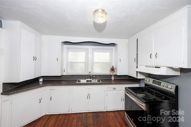 kitchen with dark hardwood / wood-style floors, sink, stainless steel range with electric cooktop, and exhaust hood