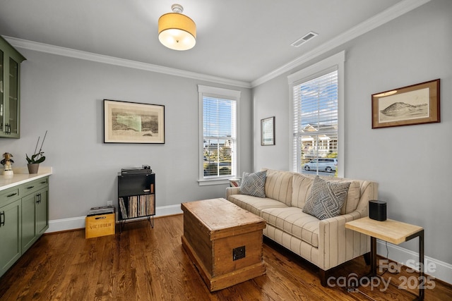 living room with crown molding and dark wood-type flooring