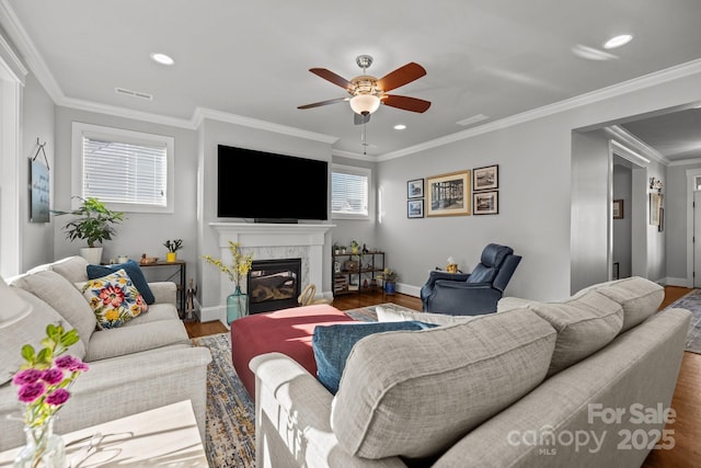 living room with a fireplace, wood-type flooring, a wealth of natural light, and ceiling fan