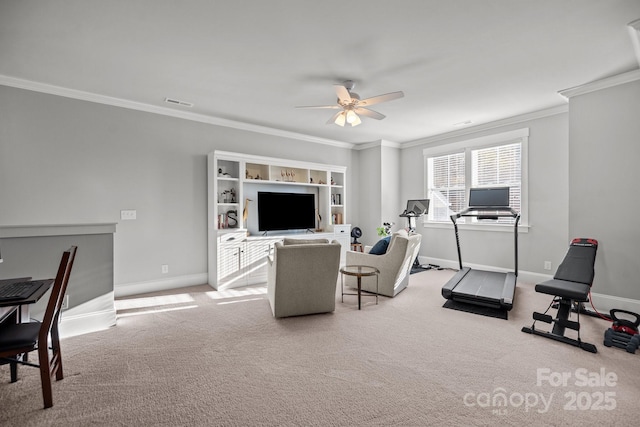 interior space with crown molding and ceiling fan