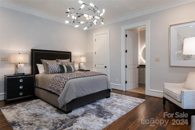 bedroom with ornamental molding, a notable chandelier, and dark hardwood / wood-style floors