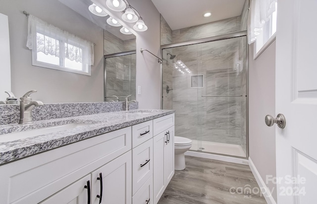 bathroom featuring an enclosed shower, vanity, hardwood / wood-style flooring, and toilet