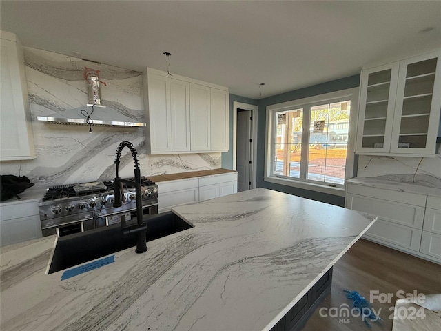 kitchen featuring backsplash, dark wood-type flooring, light stone countertops, white cabinetry, and extractor fan