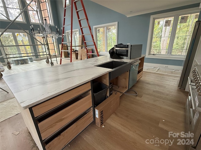 interior space featuring crown molding, a chandelier, and hardwood / wood-style flooring