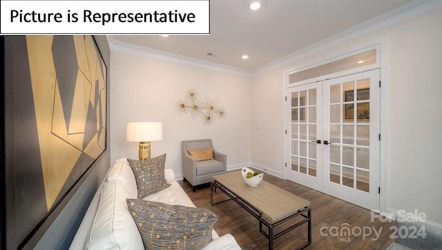 living room with dark hardwood / wood-style flooring, crown molding, and french doors