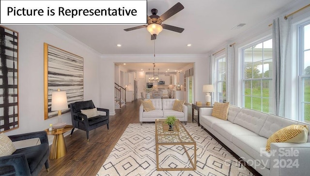 living room with wood-type flooring, ceiling fan with notable chandelier, and crown molding