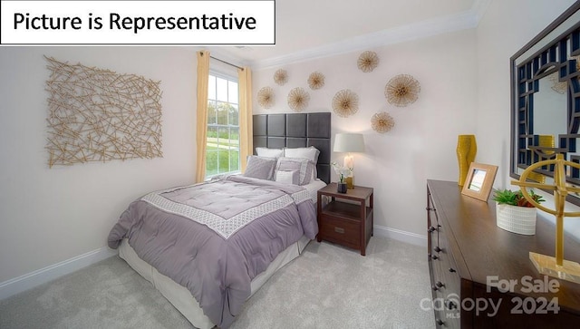 bedroom with light colored carpet and ornamental molding