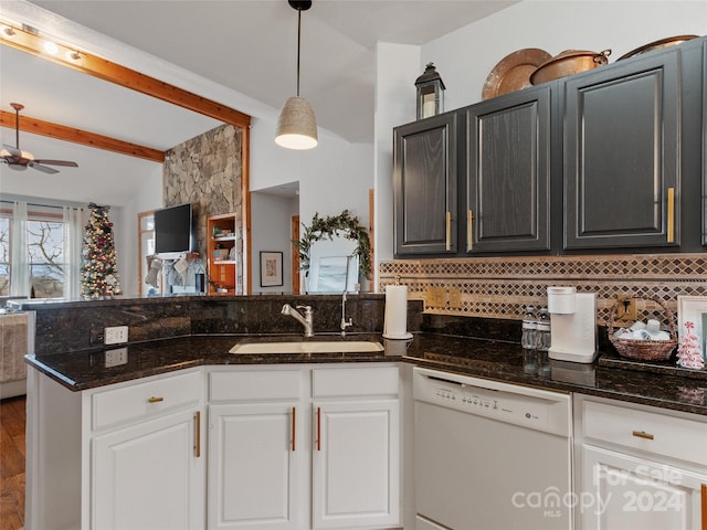 kitchen featuring dishwasher, decorative light fixtures, white cabinetry, and sink