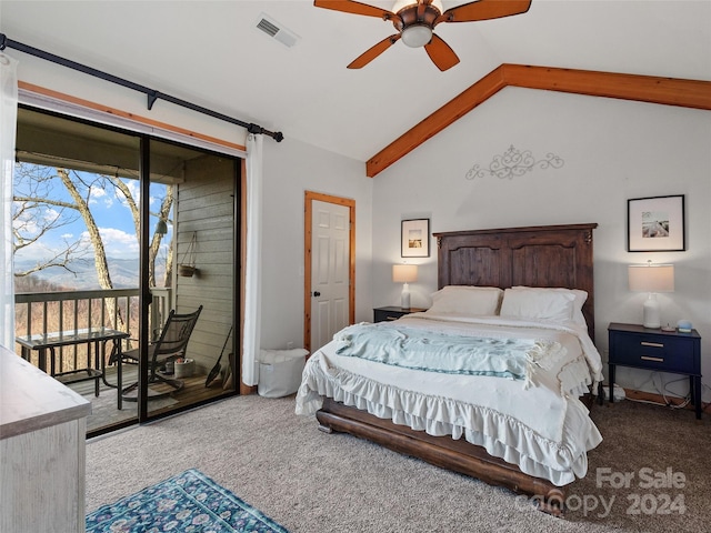 bedroom featuring carpet, lofted ceiling with beams, and ceiling fan