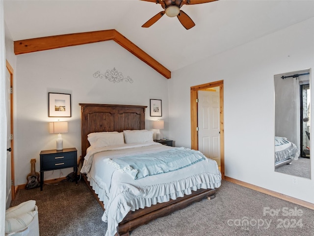 bedroom with ceiling fan, carpet, and lofted ceiling with beams