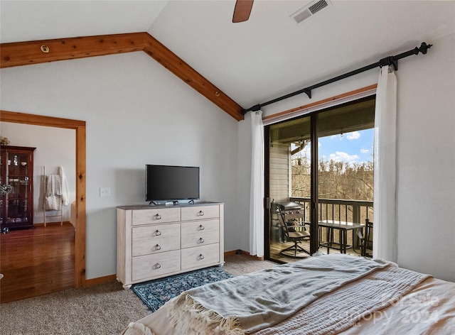 carpeted bedroom with access to outside, ceiling fan, and vaulted ceiling