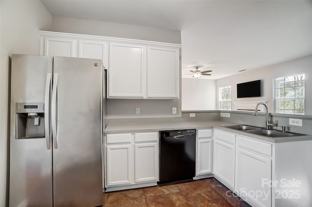 kitchen featuring sink, white cabinetry, dishwasher, ceiling fan, and stainless steel refrigerator with ice dispenser