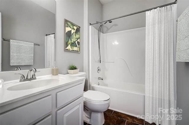 full bathroom with toilet, shower / bath combo, and vanity