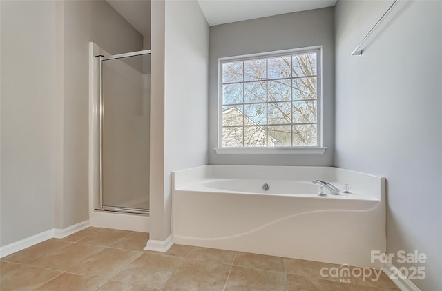 bathroom featuring tile patterned flooring and plus walk in shower