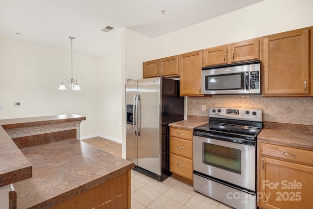 kitchen featuring backsplash, an inviting chandelier, decorative light fixtures, and appliances with stainless steel finishes