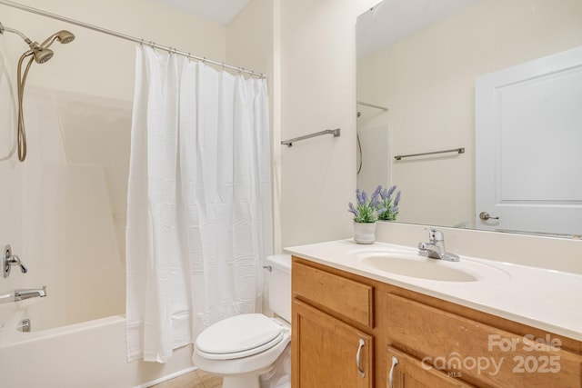 full bathroom featuring shower / bath combination with curtain, vanity, and toilet