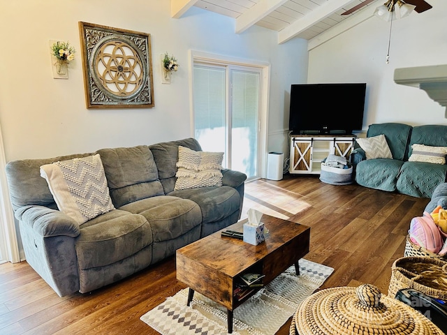 living room with lofted ceiling with beams, wood-type flooring, ceiling fan, and wooden ceiling