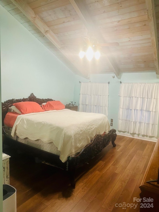 bedroom with lofted ceiling with beams, wood ceiling, wood-type flooring, and ceiling fan