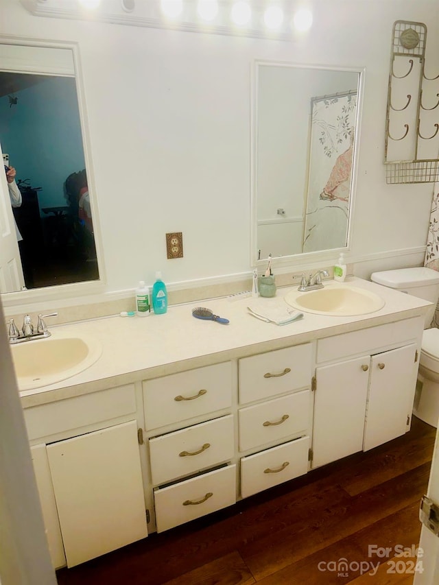 bathroom with hardwood / wood-style floors, vanity, and toilet