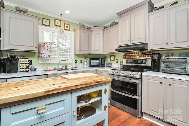 kitchen featuring stainless steel electric range oven, light hardwood / wood-style floors, sink, and ornamental molding