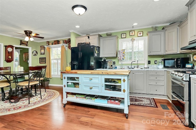 kitchen with butcher block countertops, ceiling fan, a healthy amount of sunlight, and black appliances