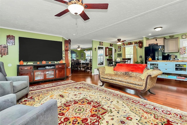 living room with dark hardwood / wood-style flooring, a textured ceiling, ceiling fan, and crown molding