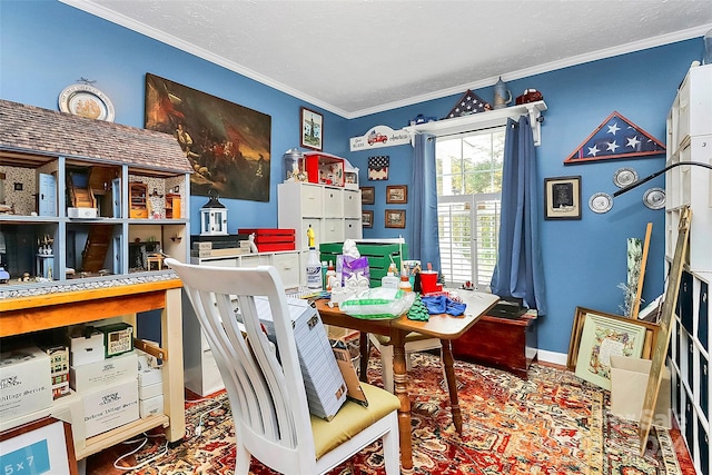 interior space with ornamental molding and a textured ceiling