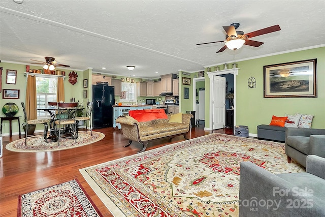 2164 Mission Rd, York, SC 29745 - living room with a ceiling fan, wood finished floors, crown molding, baseboards, and a textured ceiling