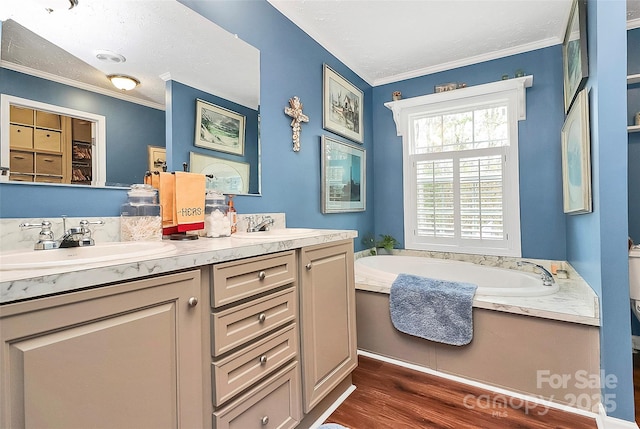 2164 Mission Rd, York, SC 29745 - bathroom with wood finished floors, crown molding, a bath, and double vanity