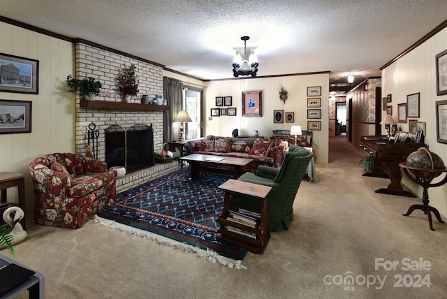 carpeted living room with a textured ceiling, an inviting chandelier, a brick fireplace, and ornamental molding