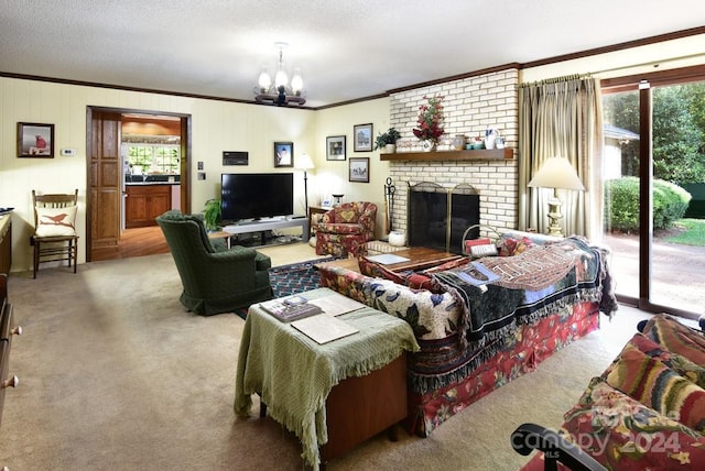 carpeted living room with a notable chandelier, a healthy amount of sunlight, ornamental molding, and a fireplace