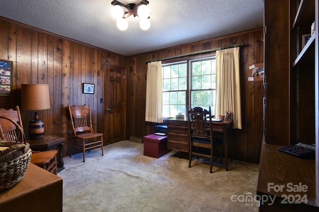 carpeted office with a textured ceiling and wooden walls