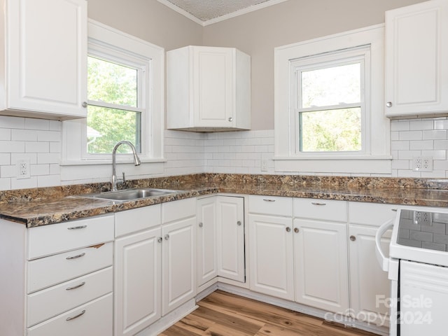 1411 Lineberger Ave, Gastonia, NC 28052 - kitchen featuring white stove, a sink, ornamental molding, white cabinets, and tasteful backsplash