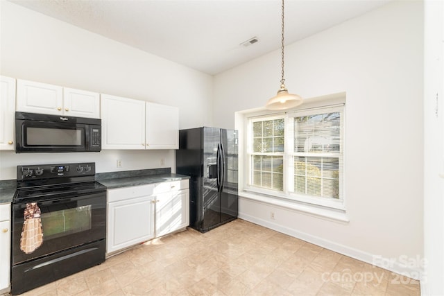 kitchen with pendant lighting, black appliances, and white cabinets