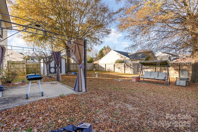 view of yard featuring a shed and a patio area