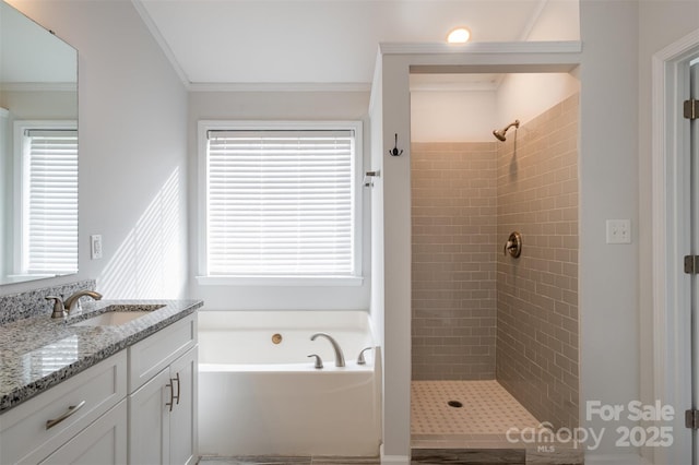 bathroom featuring crown molding, a wealth of natural light, and separate shower and tub