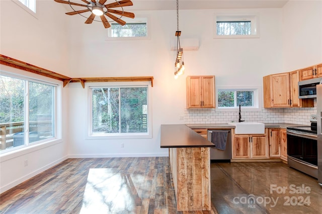 kitchen with pendant lighting, a wealth of natural light, stainless steel appliances, and sink