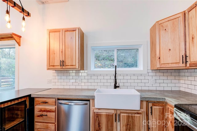 kitchen featuring beverage cooler, backsplash, a wealth of natural light, and sink