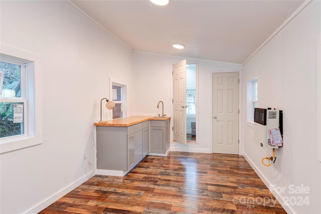 bar featuring dark hardwood / wood-style floors, heating unit, and crown molding