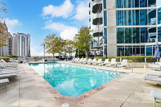 view of swimming pool with a patio